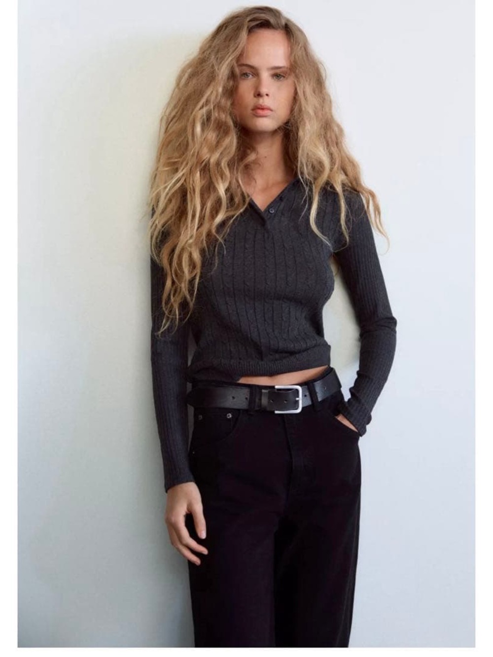 Zara Women's Ribbed V-Neck Long Sleeve Top - Charcoal
